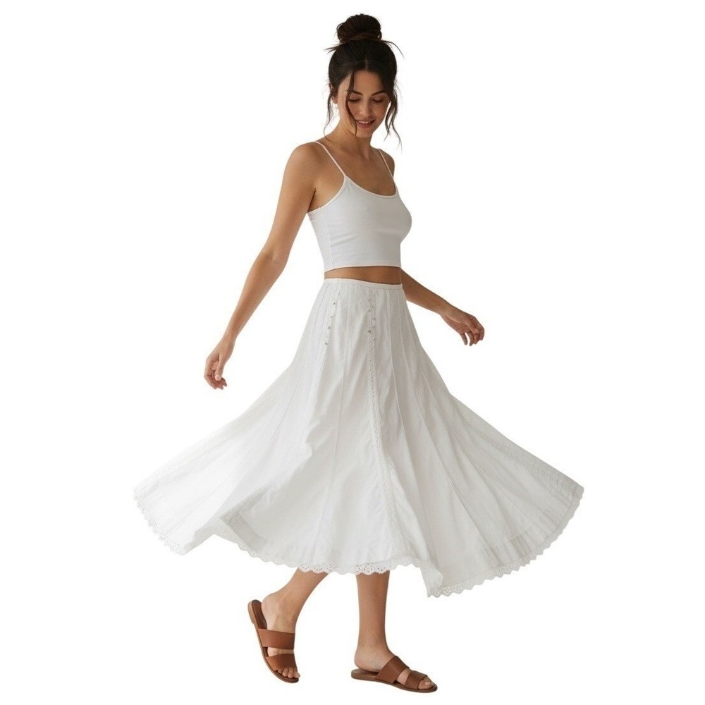 Intuitions Womens 12 White Linen Blend Maxi Skirt Eyelet Lace Trim Boho Fairy - Picture 2 of 13